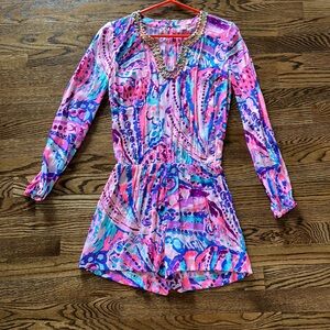 Lilly Pulitzer Colby Romper Colony Coral Island Satin Printed